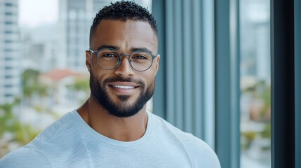 Fototapeta premium Portrait of a cheerful smiling man in glasses standing by a window and basking in the soft warm indoor sunlight expressing a positive relaxed mood and feeling of contentment