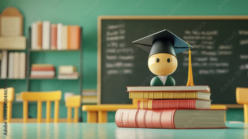 Poster a small graduate figure with a cap balances on top of vibrant books in a classroom decorated with sh