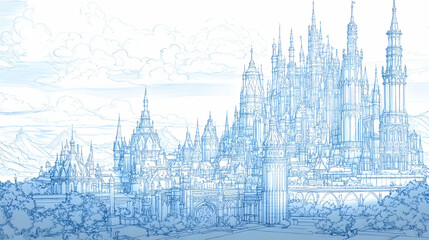 Fototapeta premium Detailed line drawing of a grand fairytale castle with a cloudy sky.