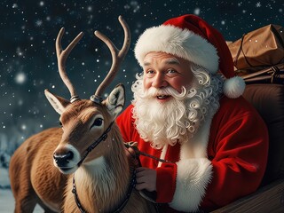 santa claus on the roof,santa claus in the snow,santa claus with reindeer and gifts