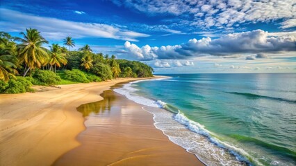 Serene beachfront with calm seas at Awala-Yalimapo , tranquil, peaceful, tropical, beach, coast, relaxation, paradise, ocean