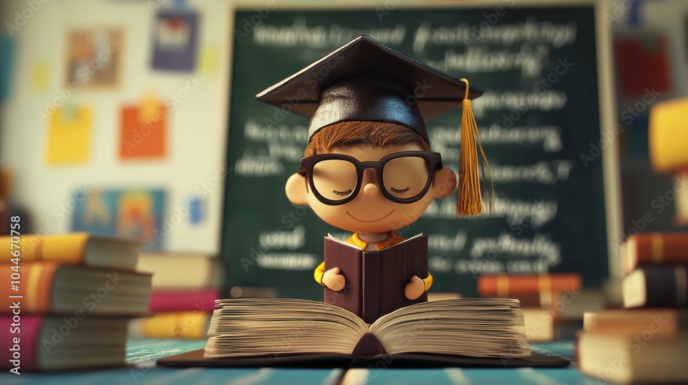 Aufkleber a cheerful child wearing a graduation cap enjoys reading a book surrounded by bright classroom decor