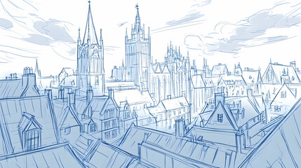 Fototapeta premium Hand drawn sketch of an old town with a cathedral in the background.