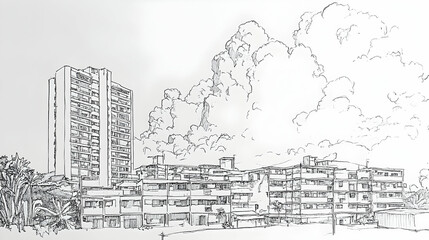 Fototapeta premium Hand drawn sketch of an urban landscape with a tall building and clouds in the sky.