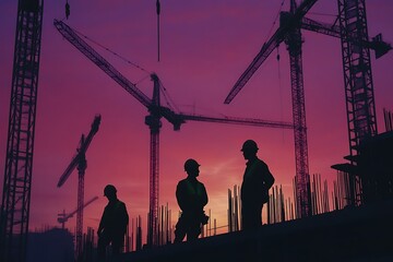 Construction workers and engineers silhouette in dawn evening, cranes and half built buildings and reinforcement rebar