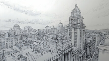 Fototapeta premium Hand-drawn sketch of an urban cityscape with a tall building in the foreground.