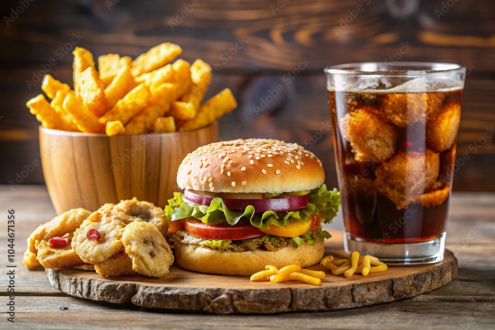 Wall mural close up of fast food snacks and drink on table