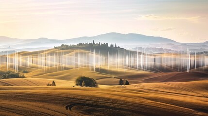 Fototapeta premium Sound waves radiating across a serene landscape, symbolizing the interconnectedness and harmony of natural and auditory elements.