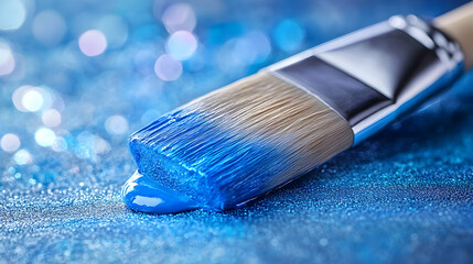 Fototapeta premium Paintbrush with blue paint dripping on a blue background.