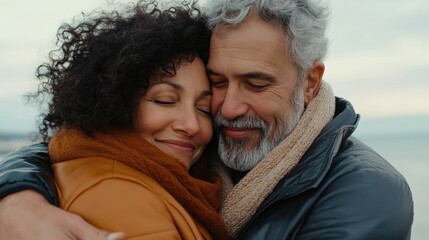 Fototapeta premium Happy middle aged couple embracing by the seaside