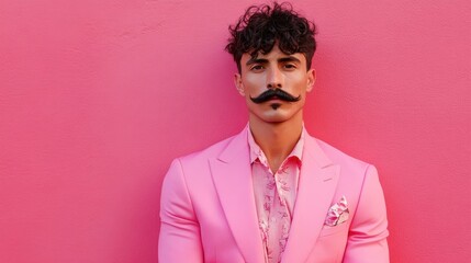 Proud non binary transgender individual with a stylish mustache exuding confidence in a pink suit set against a pink background conveying LGBTQ identity and self expression