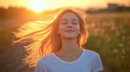 Joyful young woman with flowing hair in a white t shirt relishing her leisure time outdoors at sunset A portrait of a beautiful blonde girl capturing the essence of freedom in spring