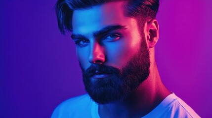 Neon lit studio portrait of a serious male model featuring a trendy hairstyle and beard wearing a plain white t shirt