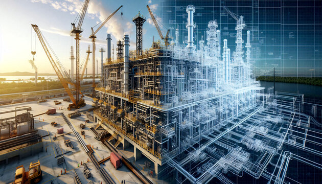 Geteilte Ansicht der Baustelle einer Raffinerie. Normalansicht - Blueprint