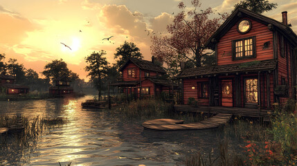 Fototapeta premium Tranquil lakefront village at golden sunset with charming wooden houses.
