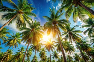 Fototapeta premium Silhouette of coconut trees at sunset with bright sky and sunlight