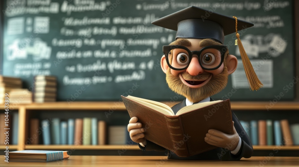 Aufkleber a joyful graduate is engrossed in a book in a well-stocked classroom, surrounded by shelves and a ch