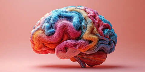 A colorful, woven brain sculpture symbolizing neurodiversity and mental health, perfect for campaigns, educational materials, or art events focused on mental well-being.