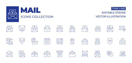 Mail icons collection. Thin Line icons, editable stroke. calendar, confirmation, email, emails, letter, love letter, mail, newsletter, rejected, rejection, virus, web mail