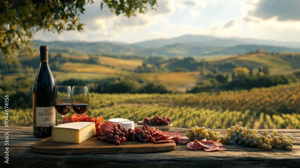 Poster a bottle of wine and two wine glasses are on a table in front of a vineyard