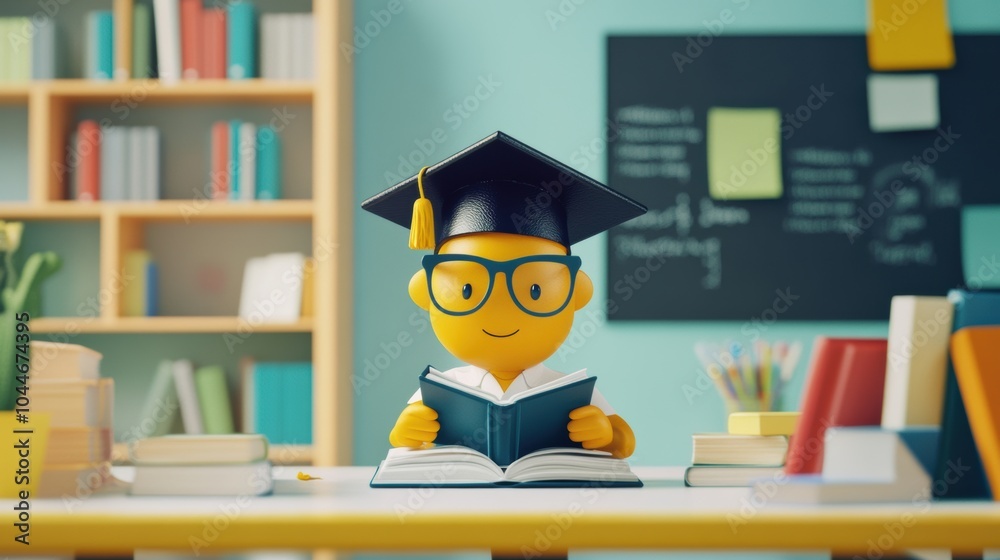 Poster A happy character in a graduation cap eagerly reads a book at a bright and inviting classroom table surrounded by books. Generative AI