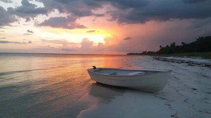 A serene beach scene featuring a small boat resting on the shore during a colorful sunset with clouds.