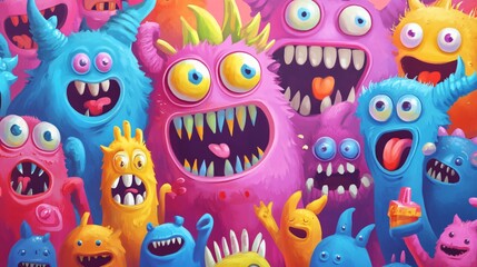 Naklejka premium A vibrant group of playful monsters showcasing a variety of colors and expressions, ideal for children's themes and creative projects.