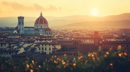 Fototapeta premium Breathtaking sunset over Florence's skyline, highlighting the iconic dome and historic architecture, capturing the essence of Italy.