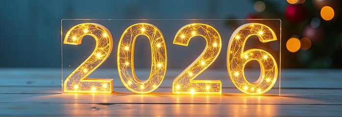 Transparent gold luminous numbers 2026 on festive blue New Year background with golden bokeh garlands, sequins, stars, snow. Greetings, postcard. Calendar, cover. 