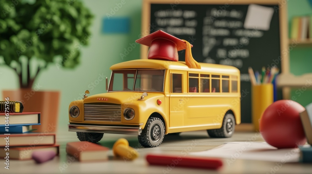 Aufkleber a vibrant model school bus featuring a graduation cap sits on a desk surrounded by classroom supplie