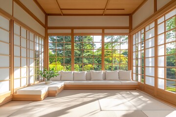 Naklejka premium Serene Japanese Room with Shoji Screens and Tatami Mats
