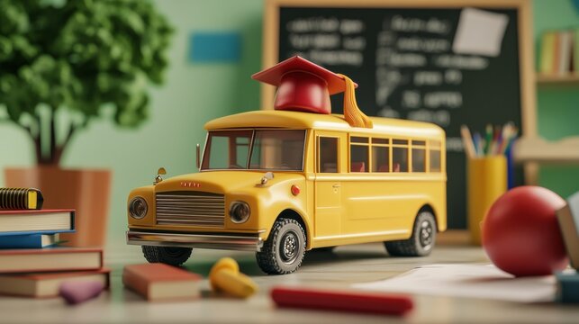 A vibrant model school bus featuring a graduation cap sits on a desk surrounded by classroom supplies and a chalkboard backdrop. Generative AI - Powered by Adobe