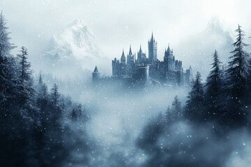 A snowfall scene with falling snowflakes, blurred background of a snow-covered Baroque-style castle in the distance