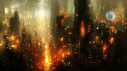 Fototapeta premium A futuristic city with tall buildings and glowing lights, creating a surreal and otherworldly atmosphere.