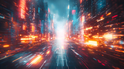 A futuristic cityscape with glowing lights and a blurred effect, creating a sense of speed and movement.