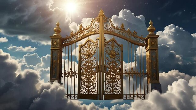 A golden gate above the white clouds of heaven. Seamless 4K looping timelapse video animation background