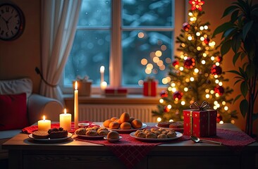 Festive Christmas table setting in decorated interior with a large window and a Christmas tree. New Year's Eve dinner, banquet for guests.