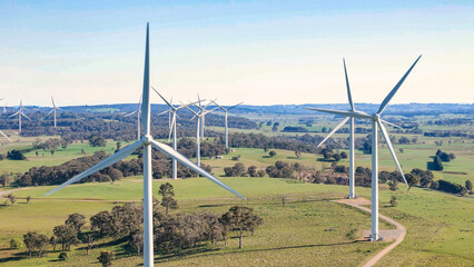 Aerial drone view of an array of large wind turbines at Biala and Gullen Range Wind Farm, Bannister...
