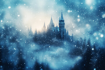 Fototapeta premium Snowfall scene with falling snowflakes, featuring a blurred background of a snow-covered Gothic castle in the distance