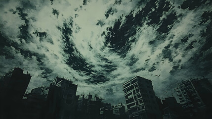 Fototapeta premium A low angle view of a dark and ominous cityscape with a stormy sky.