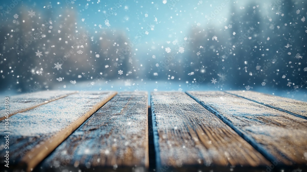 Poster a snowy scene with a wooden table in the foreground