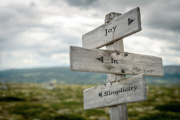 joy in simplicity text quote written on wooden signpost at the crossroads outdoors in nature.