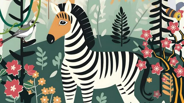 AN ENCHANTED CARTOON FOREST WITH A ZEBRA