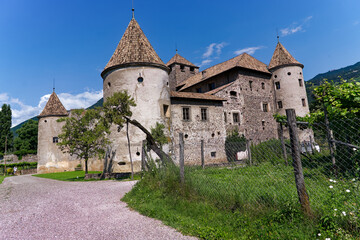 Scenic view of medieval castle named Maretsch Mareccio at Italian City of Bozen on a sunny summer day. Photo taken July 17th, 2024, Bolzano Bozen, Italy.