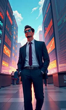 Man in front of stock market charts.