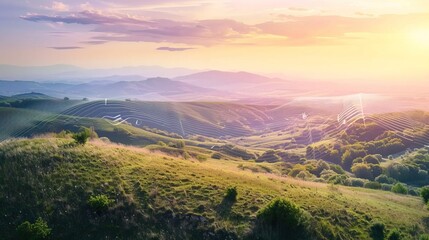 Obraz premium Sound waves radiating across a serene landscape, symbolizing the interconnectedness and harmony of natural and auditory elements.