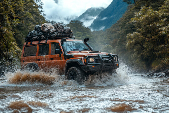 An overlander SUV crosses a river, splashing through the water with gear securely strapped to the roof, showcasing its rugged capability and adventure spirit