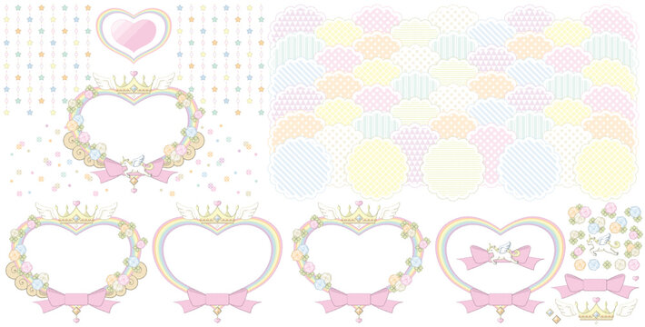 ゆめかわいいイラストフレーム枠デザイン素材　王冠・ハート・ユニコーン・リボン　パステルカラー
（Dreamy cute illustration frame design - Crown, heart, unicorn, ribbon - Pastel colors.）