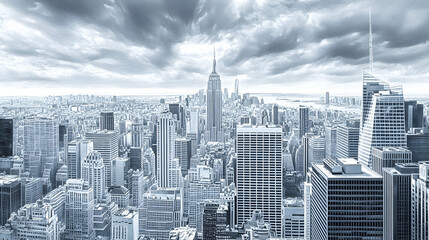A panoramic view of New York City skyline with cloudy sky.