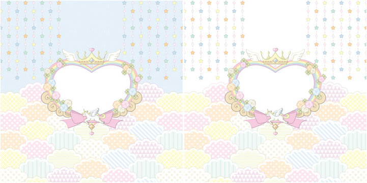 ゆめかわいいイラストフレーム枠デザイン　王冠・ハート・ユニコーン・リボン　パステルカラー
（Dreamy cute illustration frame design - Crown, heart, unicorn, ribbon - Pastel colors.）